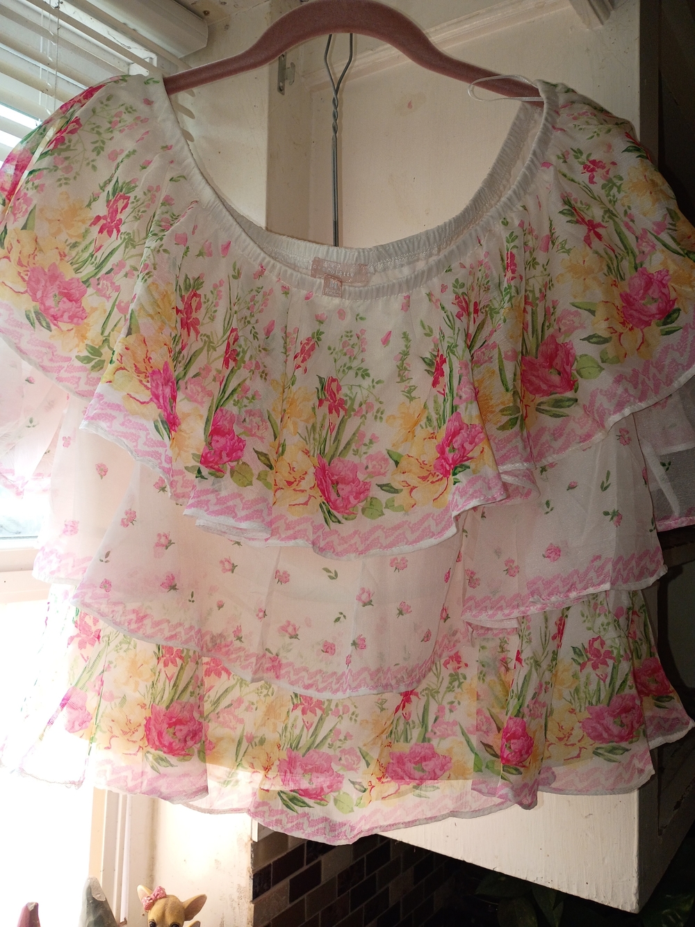 Floral Ruffle Off-Shoulder Blouse - Pink & Yellow